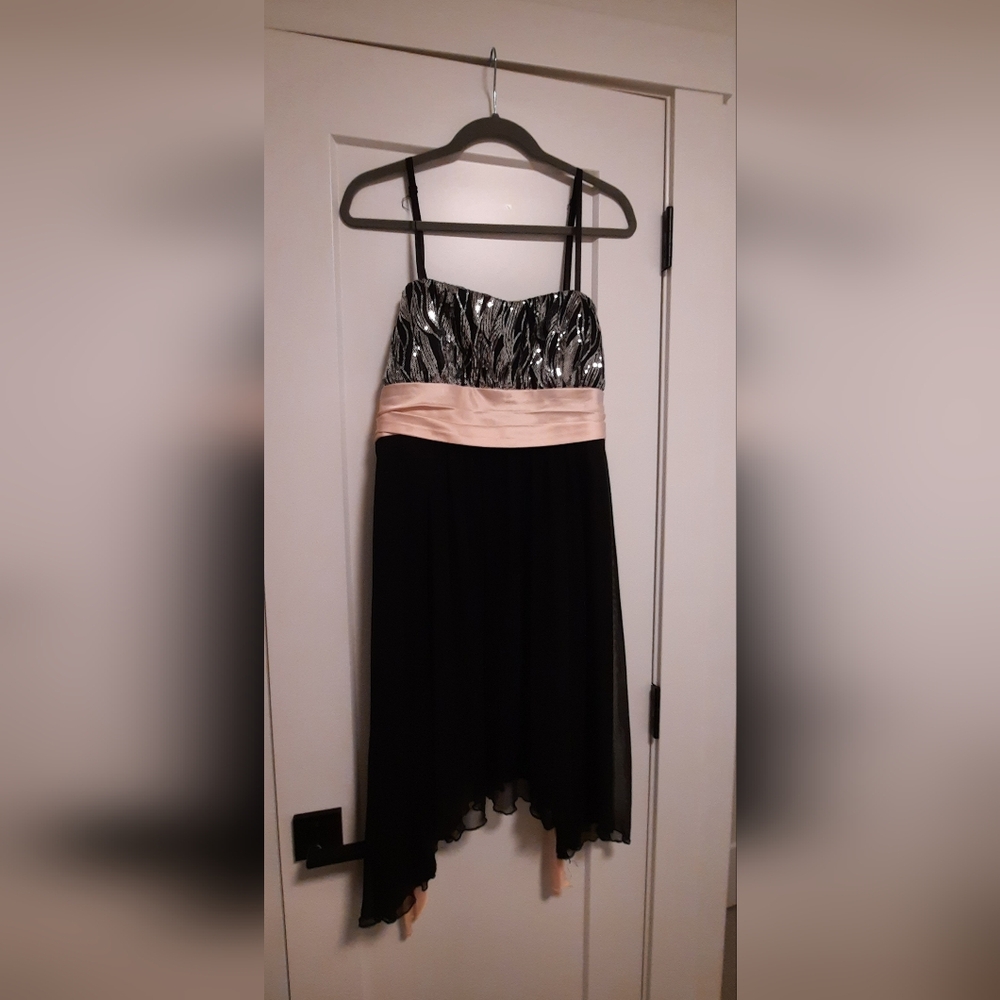 Black & Silver Sequin Party Dress with Blush Pink Ribbon